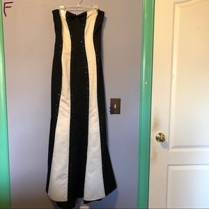 Full-Length, B&W Striped, Beaded Prom Dress